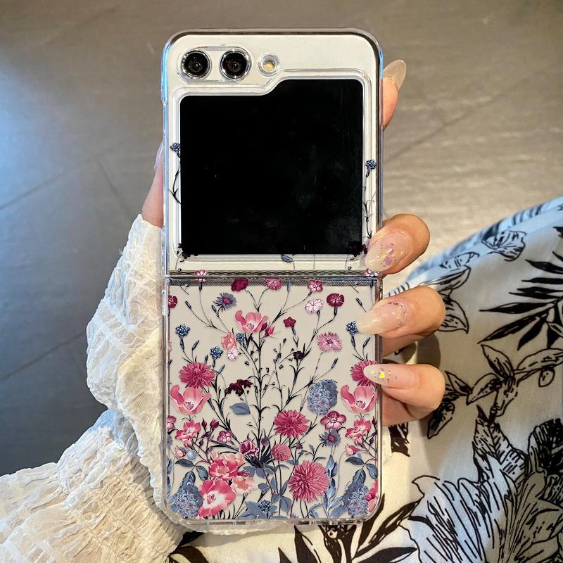 Für Samsung Galaxy Z Flip 5 4 3 6 Hülle Luxus Rosa Blumenmuster Transparentes PC-Kunststoff Hartes Faltcover Für Samsung Z Flip5 Flip4 For Samsung Galaxy Z Flip6 black
