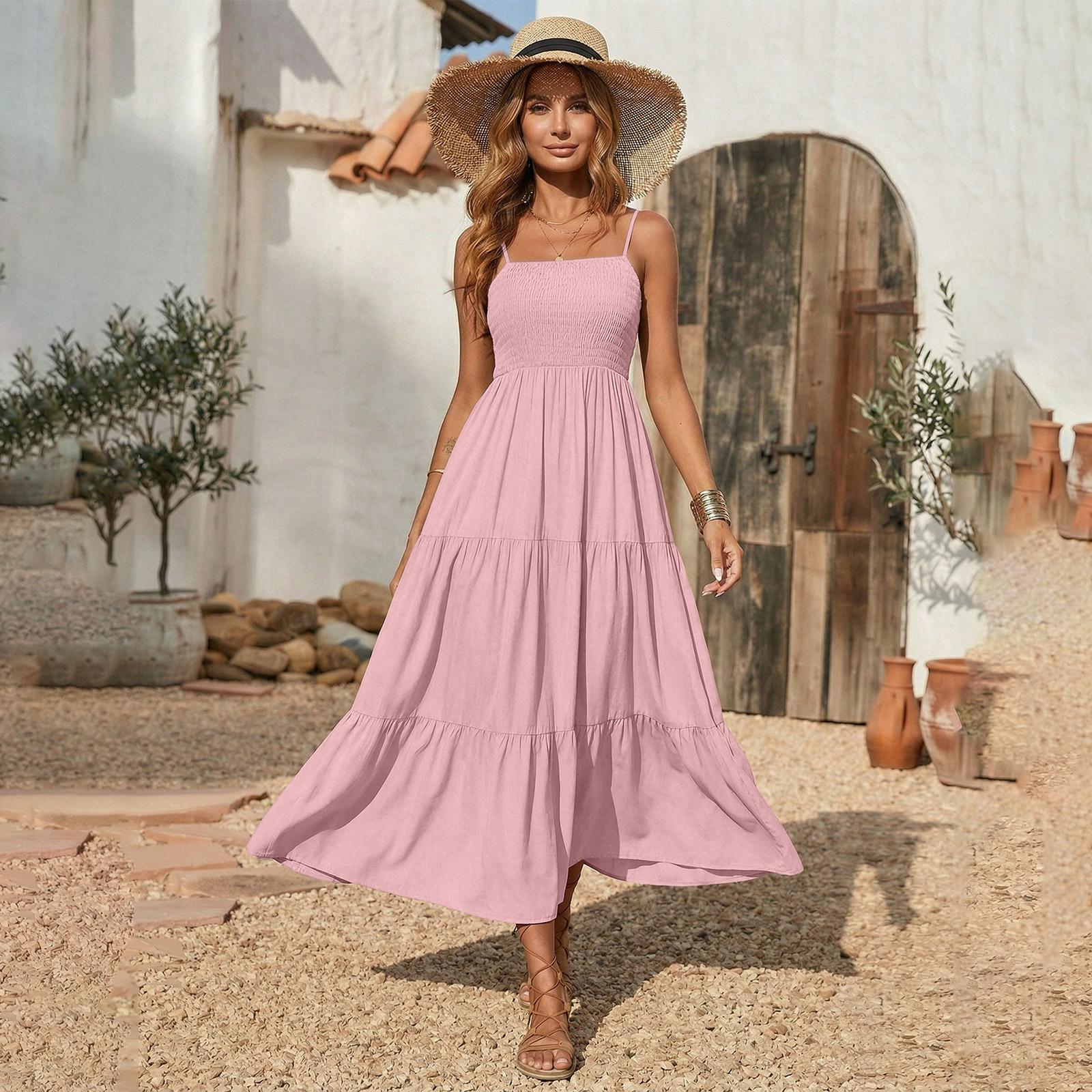 Sommerkleider für Damen UK Ärmelloses Stufen-Maxikleid Lässige Fließende Kleider für Damen UK Karree-Ausschnitt Damenkleider XXXL rosa