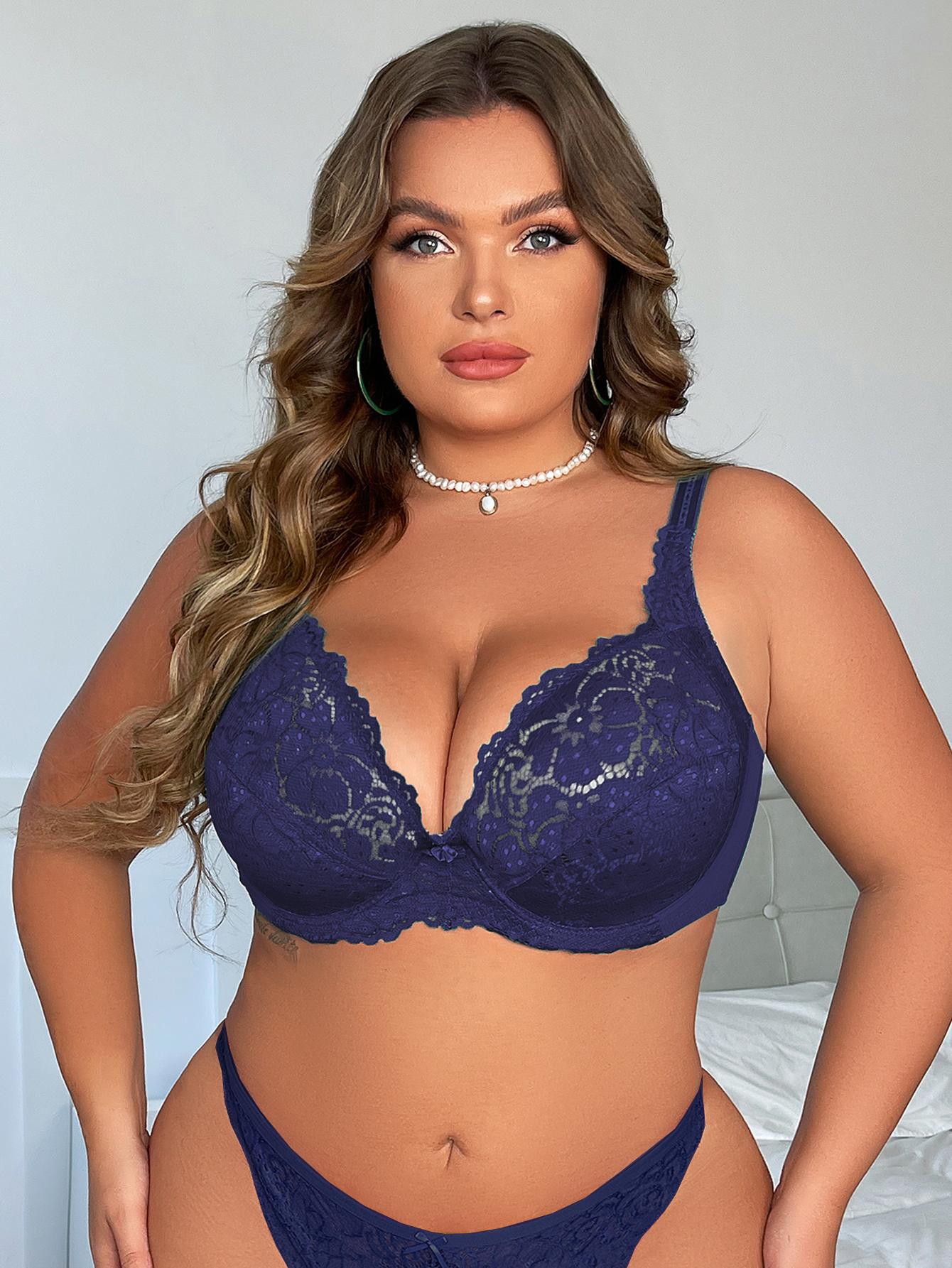 Sexy, ausgehöhlte, atmungsaktive Spitzen-BHs für Damen, ultradünner, einfarbiger BH in Übergröße 95E blau