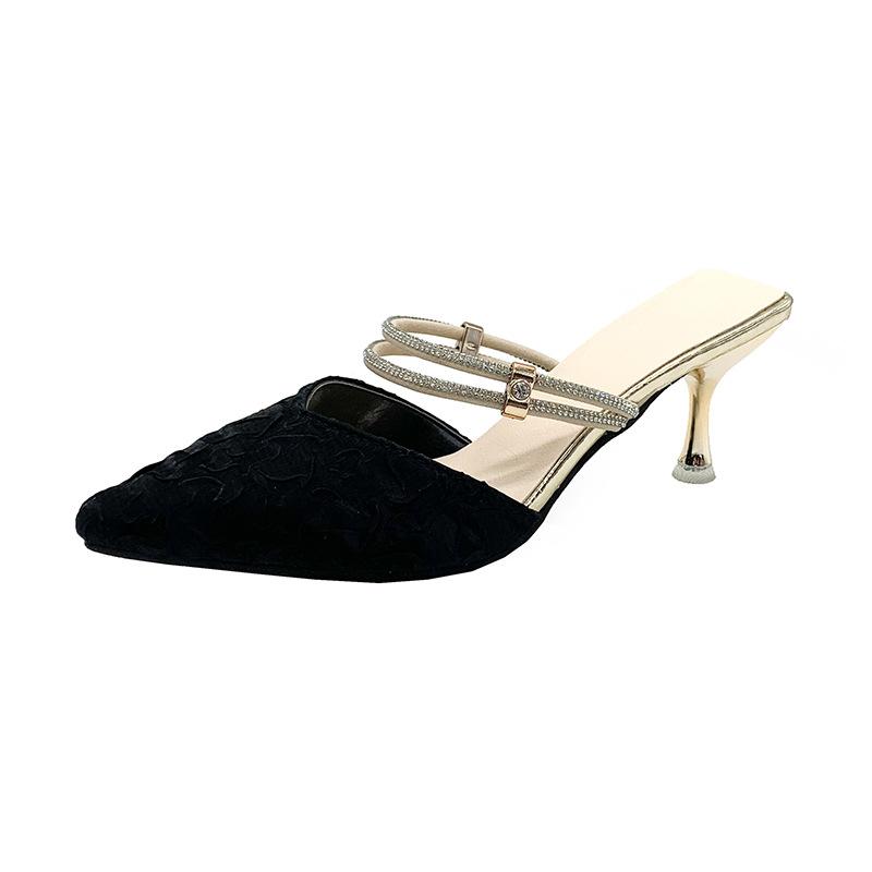 Halb-angezogene High Heels Temperament Neujahr Neu Strass Zwei-Trage-Sandalen Feen-Stil Hausschuhe für Damen Sommer Outdoor-Bekleidung 40 gray