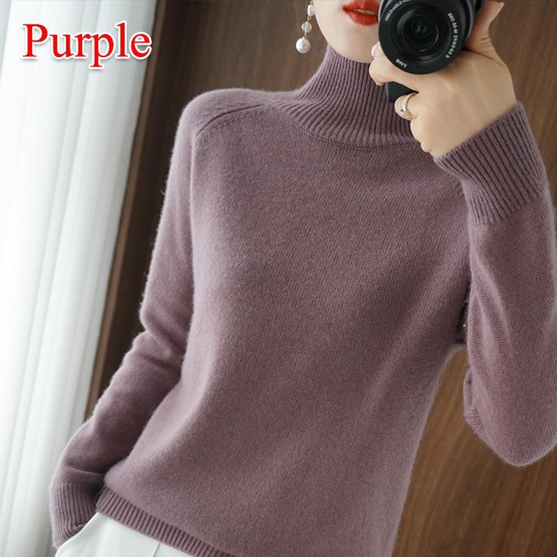 Wolle Reine Kaschmir Pullover Damen Pullover Pull Femme Herbst Winter Hoher Hals Strickpullover Rollkragen Pullover XXL licht lila