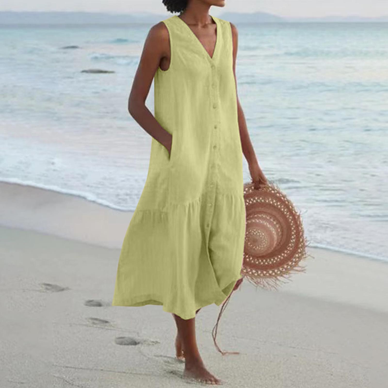 Sommer Baumwolle Leinen Locker Lässig Patchwork Taschen Kleid V-Ausschnitt Strandstil Kleid Ärmellos Vintage Einfarbig Damen Kleid M hellgrüne