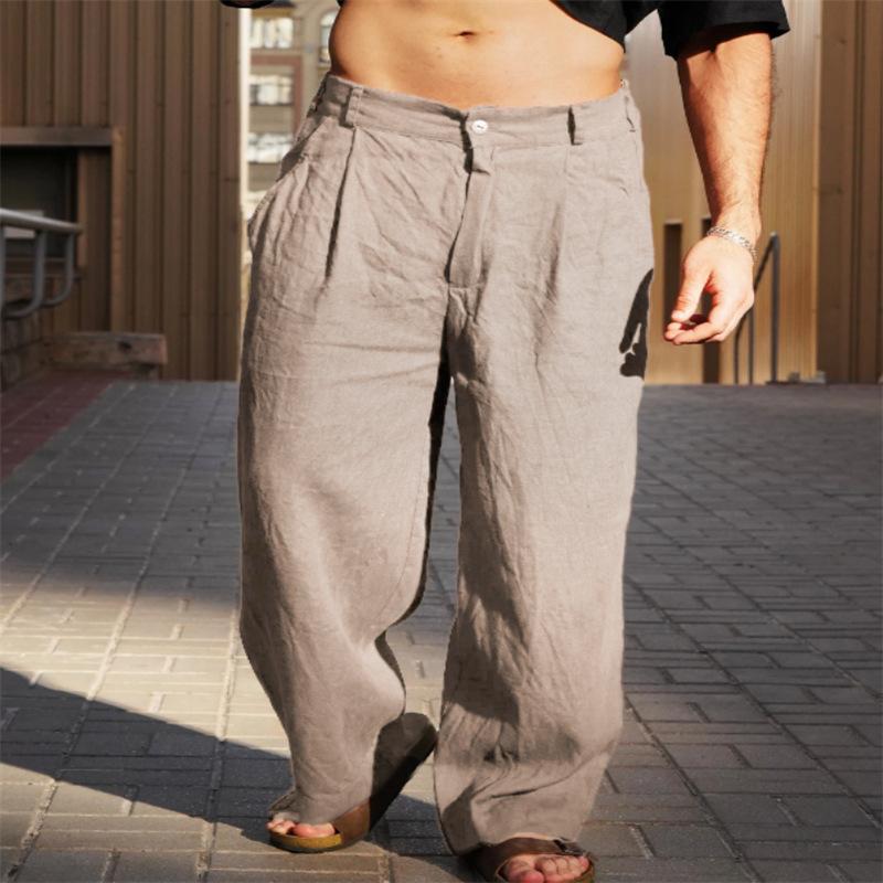 Herren Leinen Falten Weite Hosen für Frühling und Sommer mit Mittelhohem Bund Atmungsaktive Jogginghosen Streetwear Herren L khaki
