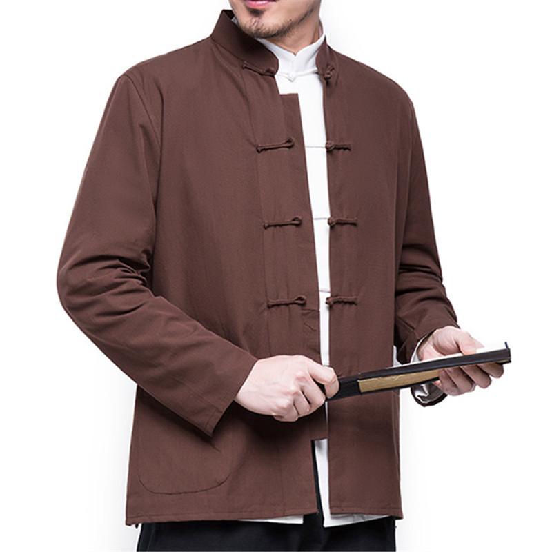 Herbst männer Chinesischen Stil Baumwolle Leinen Mantel Lose Kimono Strickjacke Männer Einfarbig Leinen Oberbekleidung Jacke Mäntel 190 kaffeebraun