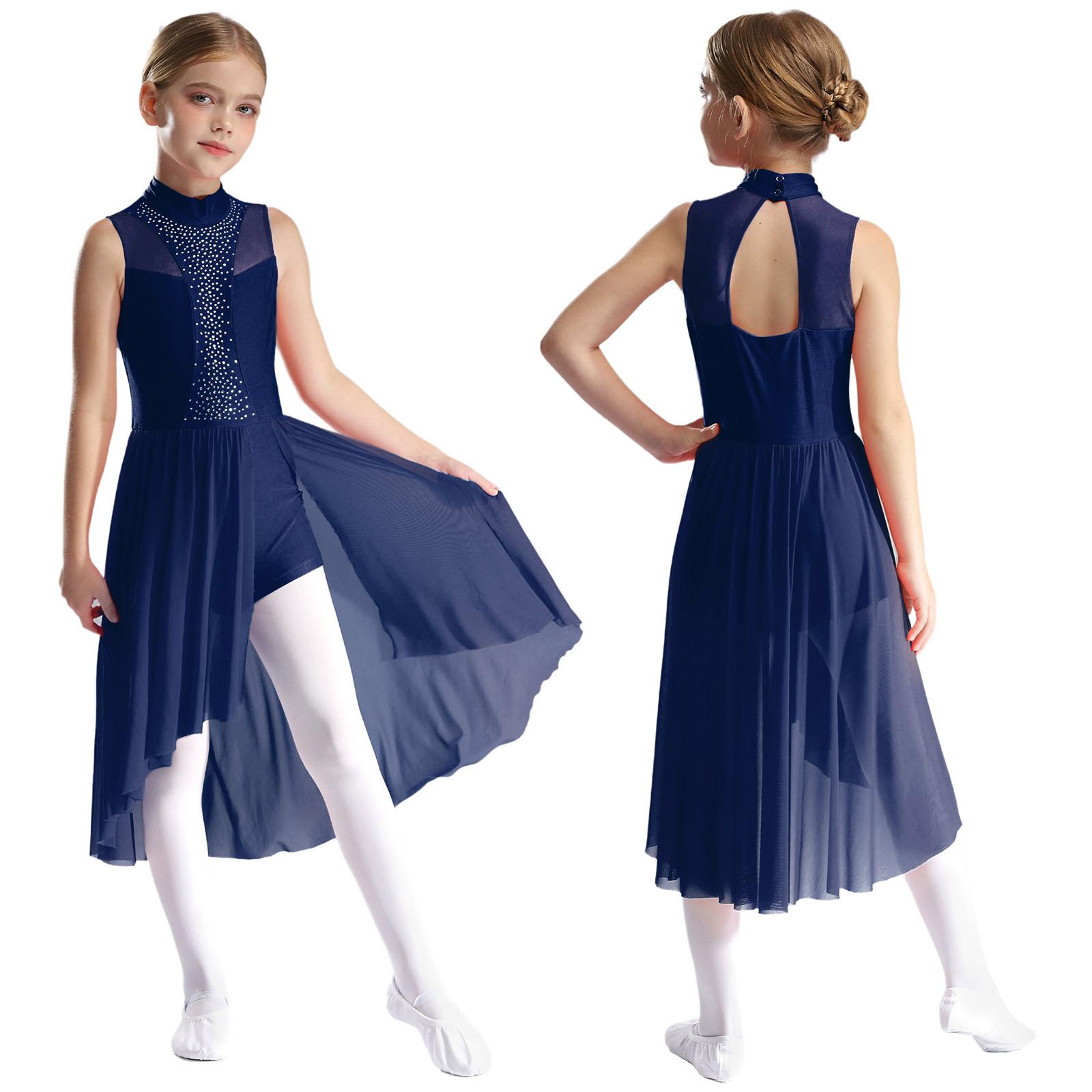 Eiskunstlauf-Tanzkleid für Kinder, Mädchen, ärmellos, Rollkragen, Cut-out auf der Rückseite, geschlitzt, asymmetrischer Saum, glitzernde Strass-Kleider 7-8 Years navy blau