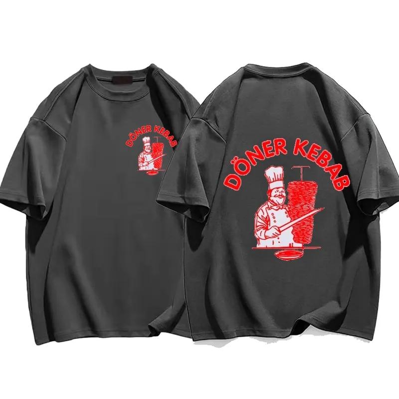 Sommer sportliche T-Shirts Döner Kebab Druck reine Baumwolle Unisex Kleidung Kurzarm Tops lustige Frauen T Shirt Vintage übergroße T-Shirts XXL dunkelgrau