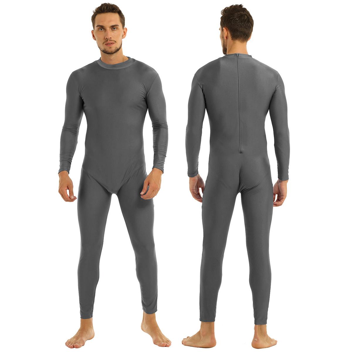 Herren Erwachsene Mock Neck Ganzkörper Unitard Footed Zentai Anzüge Bodysuit Kostüme 2XL graue