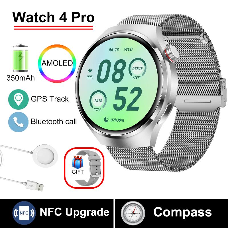 2025 Neue WATCH 4 Pro Gesundheits-Smartwatch Herren 360*360 AMOLED-Bildschirm NFC GPS-Tracker Kompass BT-Anruf Blutsauerstoff IP68 Sport-Smartwatch Mesh belt silber