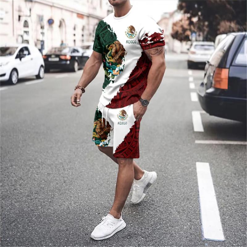 Herren T-Shirt S Mexikanische Flagge Herren Kurzarm T-Shirt Shorts Set 2-teiliges Sportset Herren Bedruckter Anzug Lässig Herren Kleidung S