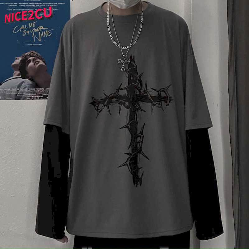 Kreuzmuster-T-Shirt für Herren, Herren-T-Shirts, langärmelig, dunkles Hip-Hop-Oversize-T-Shirt, Y2k-T-Shirt-Oberteile XXL schwarz