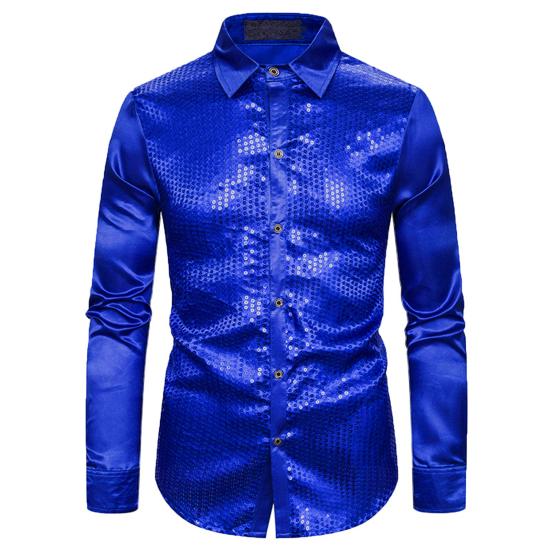 Männer Hemd Club Dance Hemd Glänzende Pailletten Revers Einreiher Slim Fit Bunte Streifen Glänzend Langarm Performance Männer top XL blau