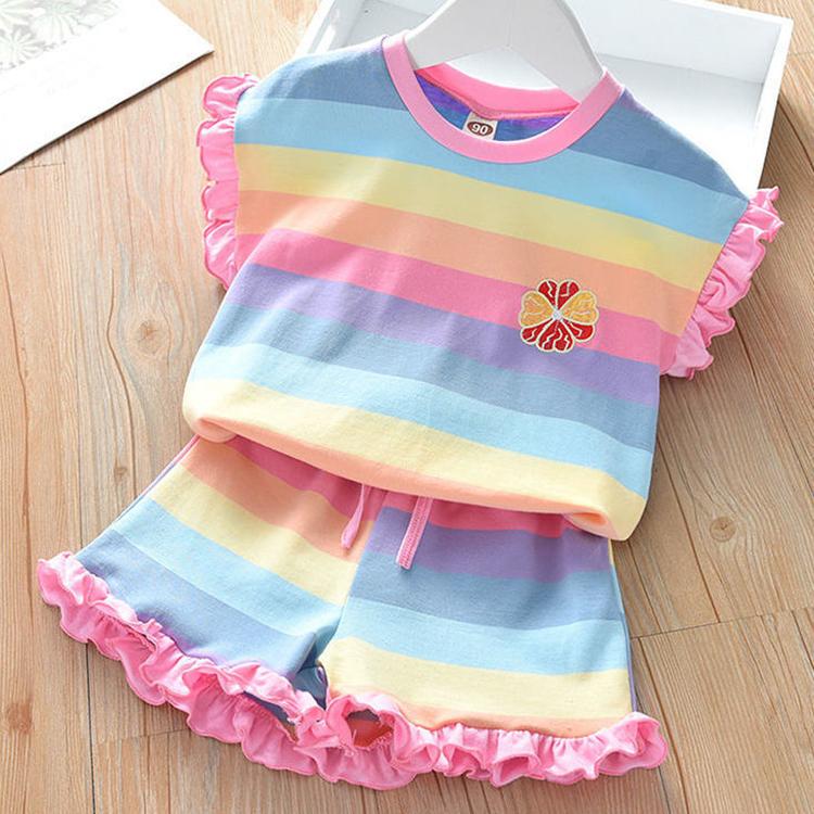 Zweiteiliger Anzug Kinderkleidung Sommer Regenbogen Freizeitanzug Mädchen Pilz T-Shirt Shorts 90 rosa