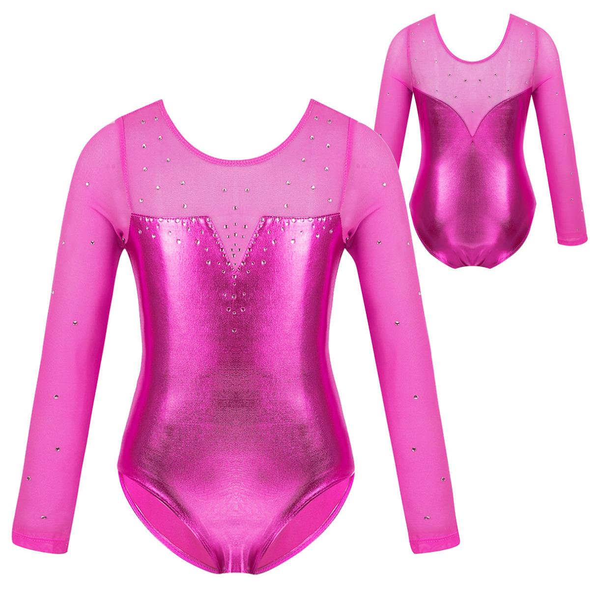 Gymnastik-Trikot für Mädchen und Kinder, Netzstoff, langärmelig, glitzernde Strass-Metallic-Ballett-Tanz-Trikot 9-10 Years hellrosa
