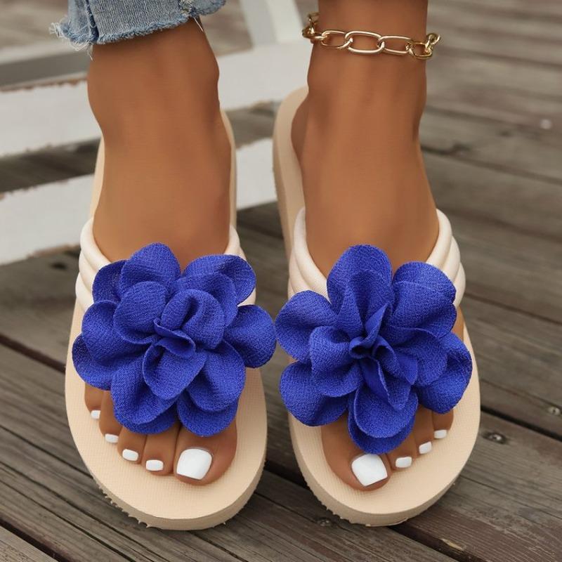 Damen Flip-Flops mit floraler Dekoration, Lässige Slide-Sommerschuhe, Bequeme Strandsandalen, Damenschuhe 41 blau