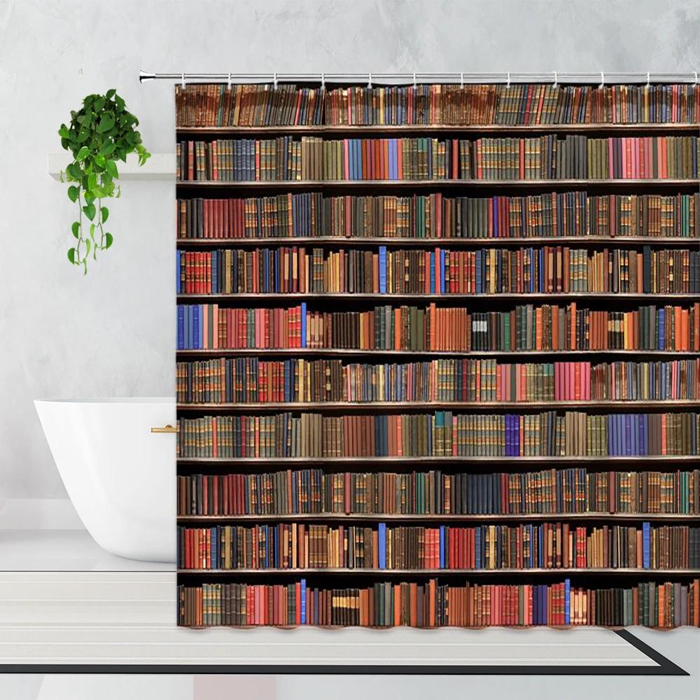 Retro Magisches Bücherregal Duschvorhang Bibliothek Bücher Kreativität Druck Polyesterstoff Badezimmer Bad Vorhänge Dekor mit Haken W180xH220cm