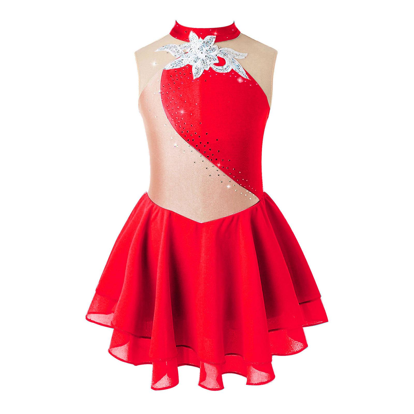 Kinder Mädchen Eiskunstlauf Kleid Strass Mesh Splice Ärmelloses Ballett Tanz Kleid Gymnastik Trikot Leistung Kostüme 7-8 Years rot