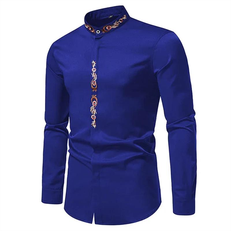 Herrenmode Stehkragen Bestickte Hemden Einfarbig Langarm Knöpfe Slim Business Casual Arbeitshemd XXL