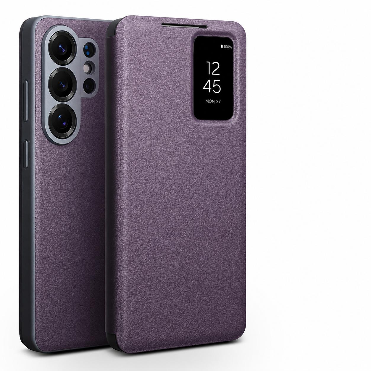 Für Samsung Galaxy S26 / S26+ / S26 Ultra Echte Leder Smart Flip Hülle Leichte Handyhülle mit Smart View für S26 Serie Galaxy S26 Ultra violett