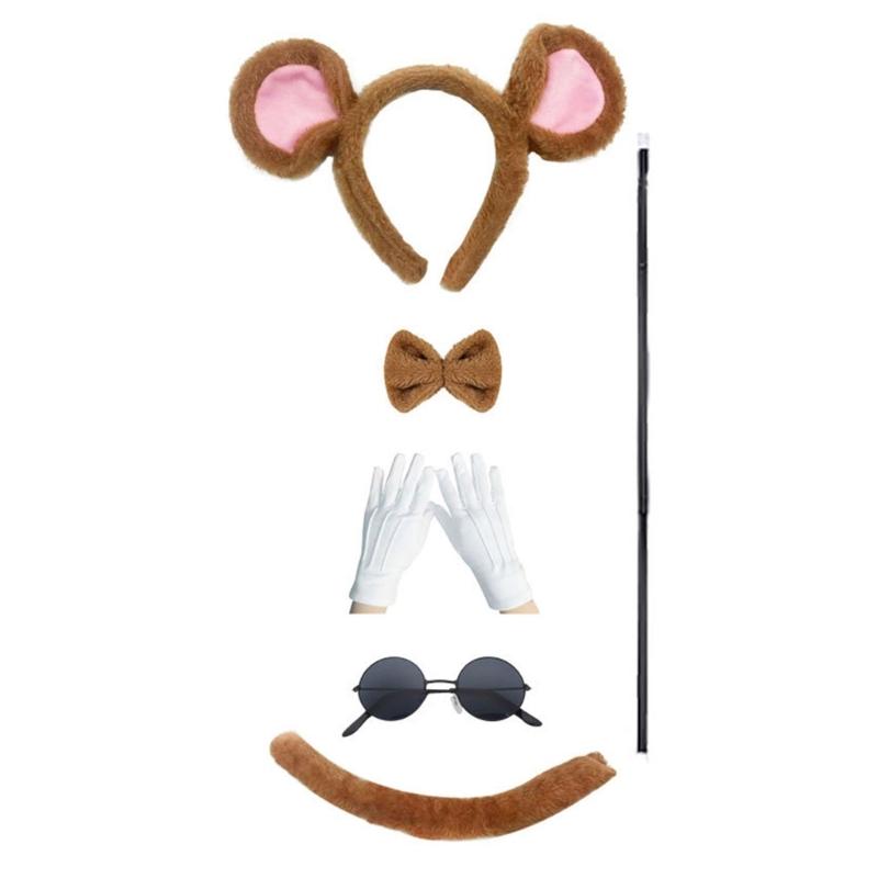 6 Stück Maus Kostüm Zubehör Set Maus Ohren Stirnband Schwanz Sonnenbrille Fliege für Kinder Halloween Party Cosplay Kostüm brown