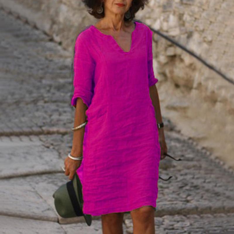 Sommer V-Ausschnitt Baumwolle und Leinen Freizeitkleid Damen Elegant Kurzarm Übergröße Kleid Frau Fashion Solid Lose A-Linie Kleider Weiblich 1033 S violett