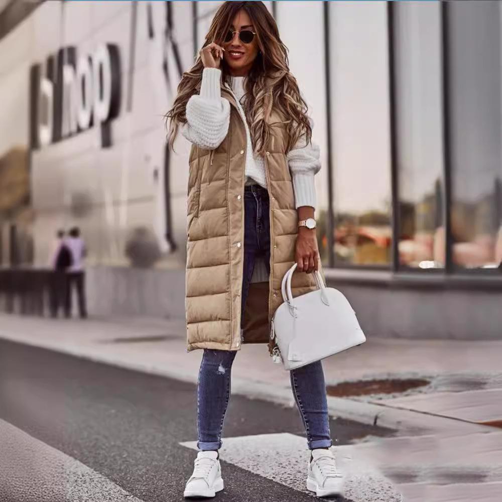 Damen Langer Mantel Weste mit Kapuze Herbst Winter Ärmellos Warm Baumwolle Daunenmantel Weste Gesteppte Weste Daunenjacke Oberbekleidung XXL khaki