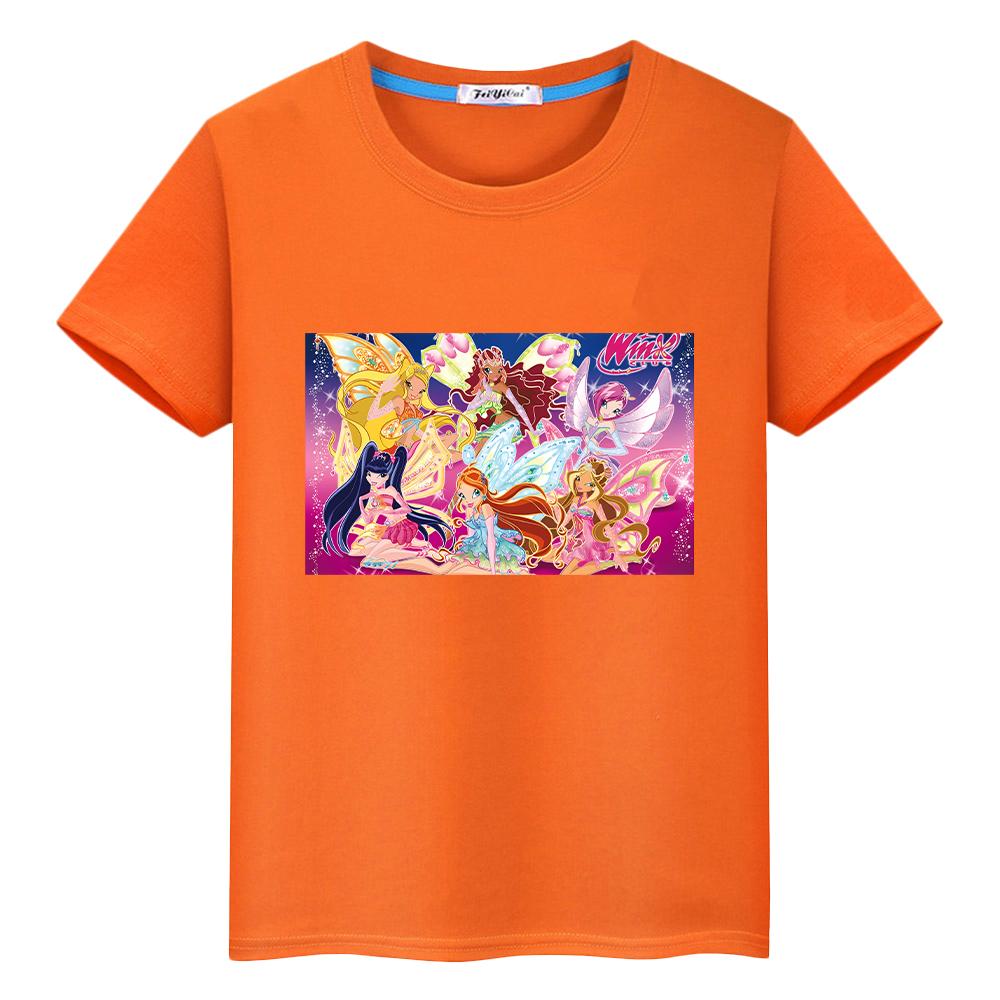 Winx Niedliche Tops T-Shirt für Kinder Jungen 10 Jahre Anime Kurz Winx Druck Cartoon 100% Baumwolle Pride T-Shirt Y2K Mädchen Kleidung Babykleidung 110 orange