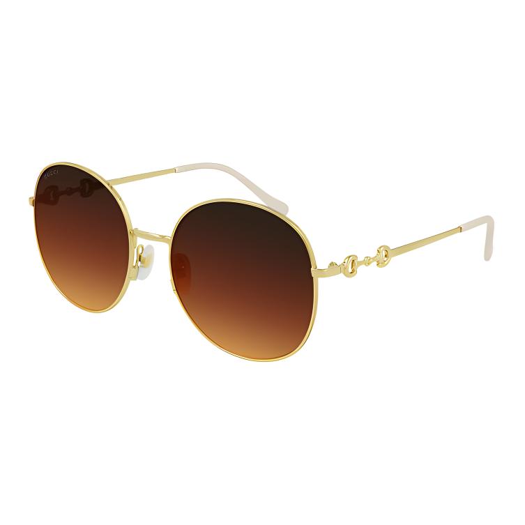 Gucci Horsebit Leichter Metall-Gold-Rundrahmen Weißer Spiegel Runde Sonnenbrille Damen Sonnenbrille GG0881SA-004 Dust Bag+Eyeglass Case (Random Color)