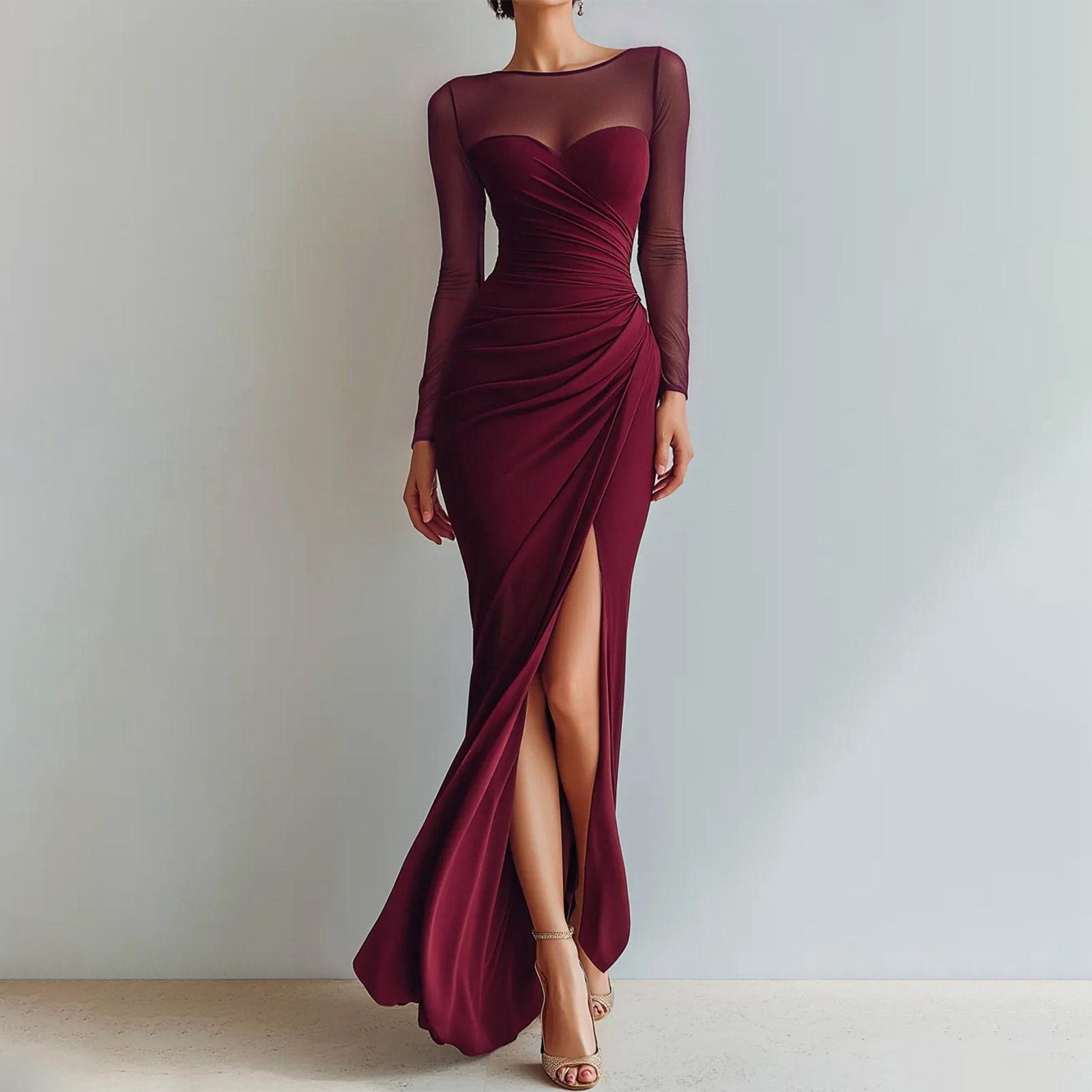 Damen Durchsichtiges Netz Langarm Plissiert Hoher Schlitz Bodycon Abendkleid für Hochzeitsgast Cocktailparty M weinrot