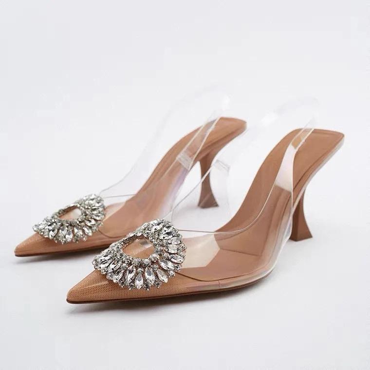 Mode Luxusmarke Damen High Heels Strass Mode Sandalen 2025 Sommer Transparente Schuhe Damen Pumps Slingbacks Übergröße 42 40