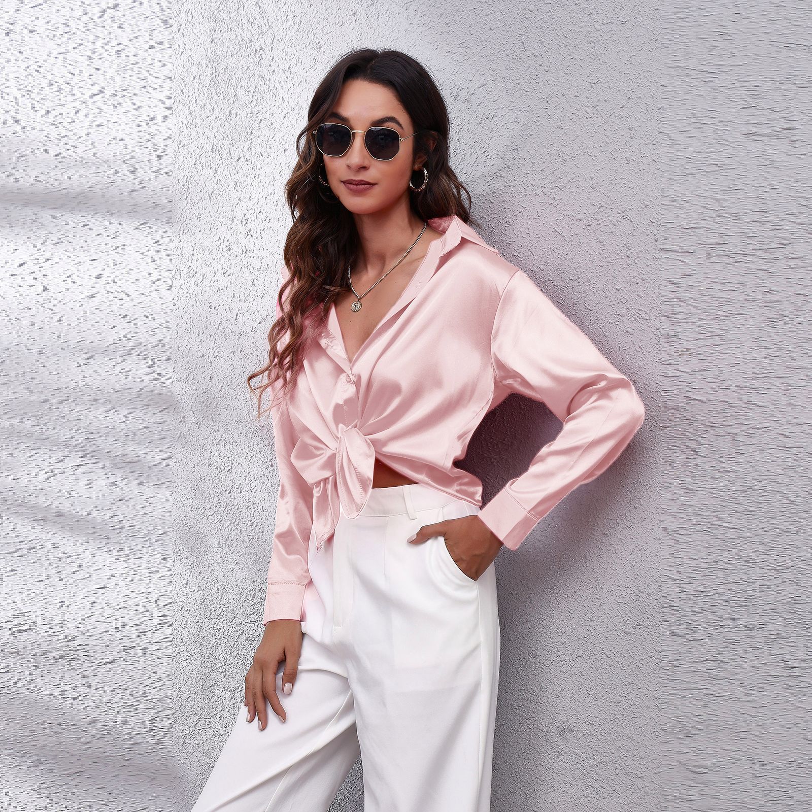 Bluse Damen Satin Simulation Seide Langarm Bluse Neu S rosa