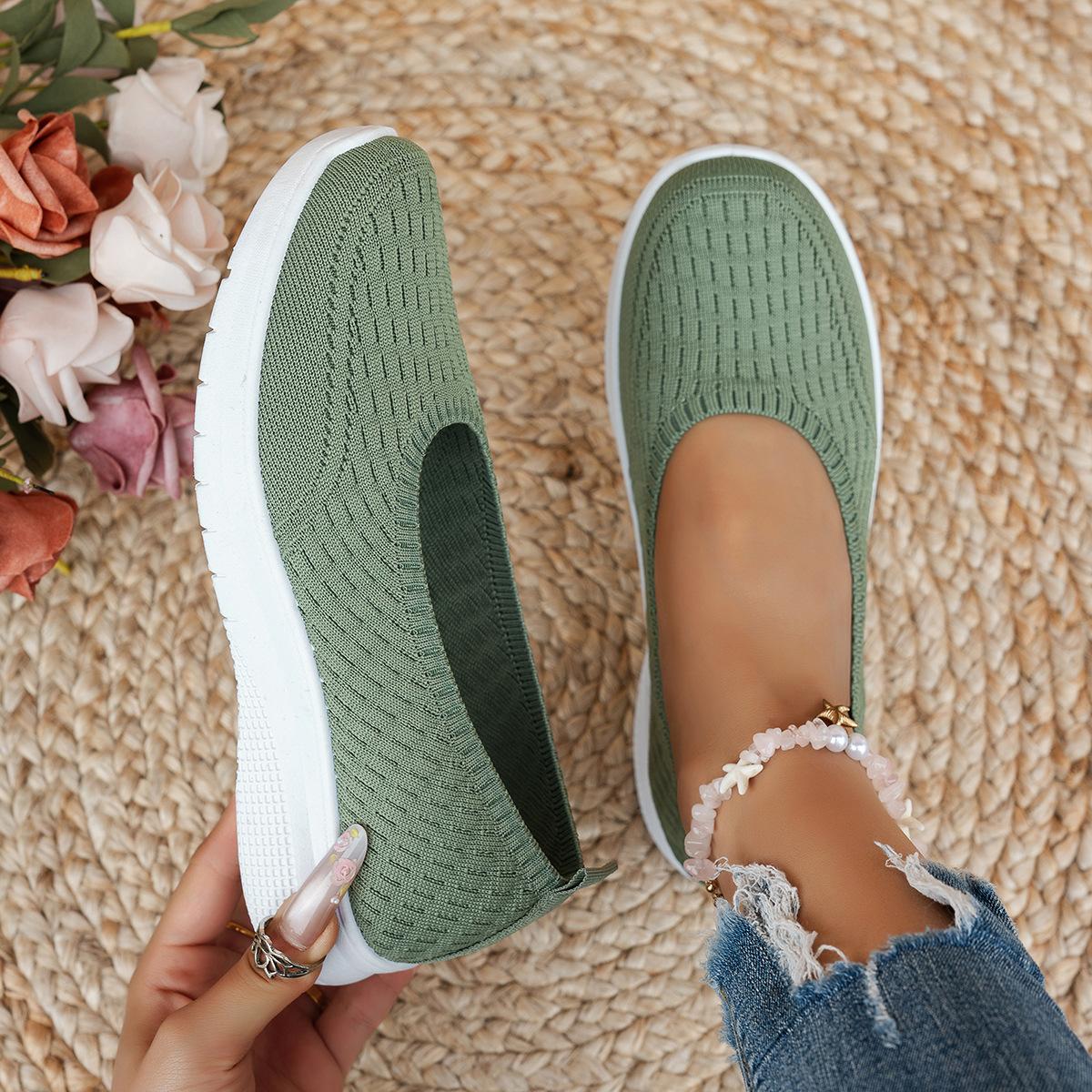 Damen Strickschuhe mit flacher runder Zehenpartie, Damen einfarbige Slip-On Walking Mesh Schuhe, Atmungsaktive Damen Alltagsschuhe 39 grün