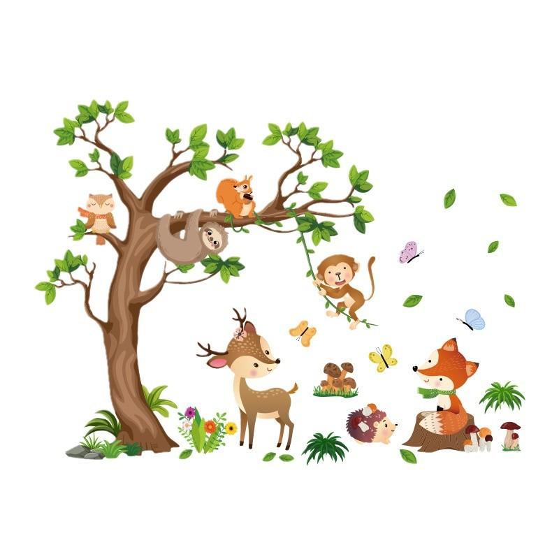 Niedliche Baumtier Wandsticker Gepunktetes Reh Cartoon Affe Faultier Fuchs Wandtattoos für Kinderzimmer Dekoration 30x90cm x2pcs bunt