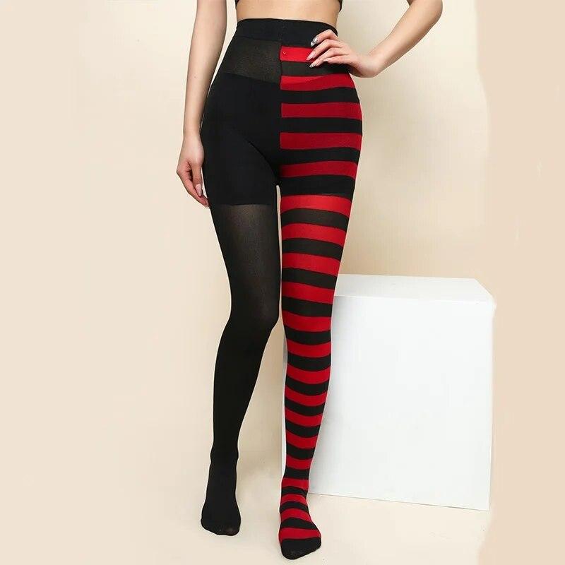 Gothic-Punk-Strumpfhose für Damen, gestreift, Regenbogen, lange Strumpfhose, Halloween, Weihnachten, hohe Taille, Cosplay-Strumpf, elastische, dünne Legging One Size