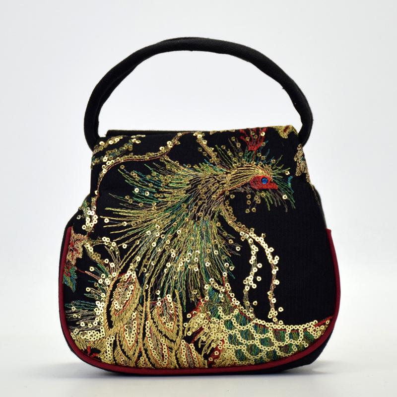 Frauen Stickerei Handtasche Pfau Tragetaschen Reißverschluss Reise Strandtasche Frau Kleine Telefon Münzen Tasche schwarz