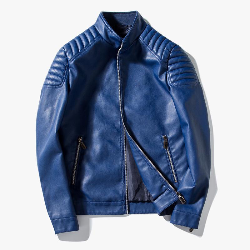 Frühling Herbst Herren Freizeit Lederjacke Stehkragen Slim Fit Mode Einfarbig Motorrad Vintage Sport PU Lederjacke L blau