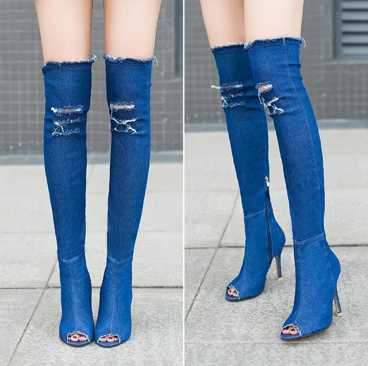 Mode Mode Damen High Heels Frühling Herbst Peep Toe Overknee-Stiefel Enge High Stiletto Jeans Stiefel Cowboy Damenstiefel 41