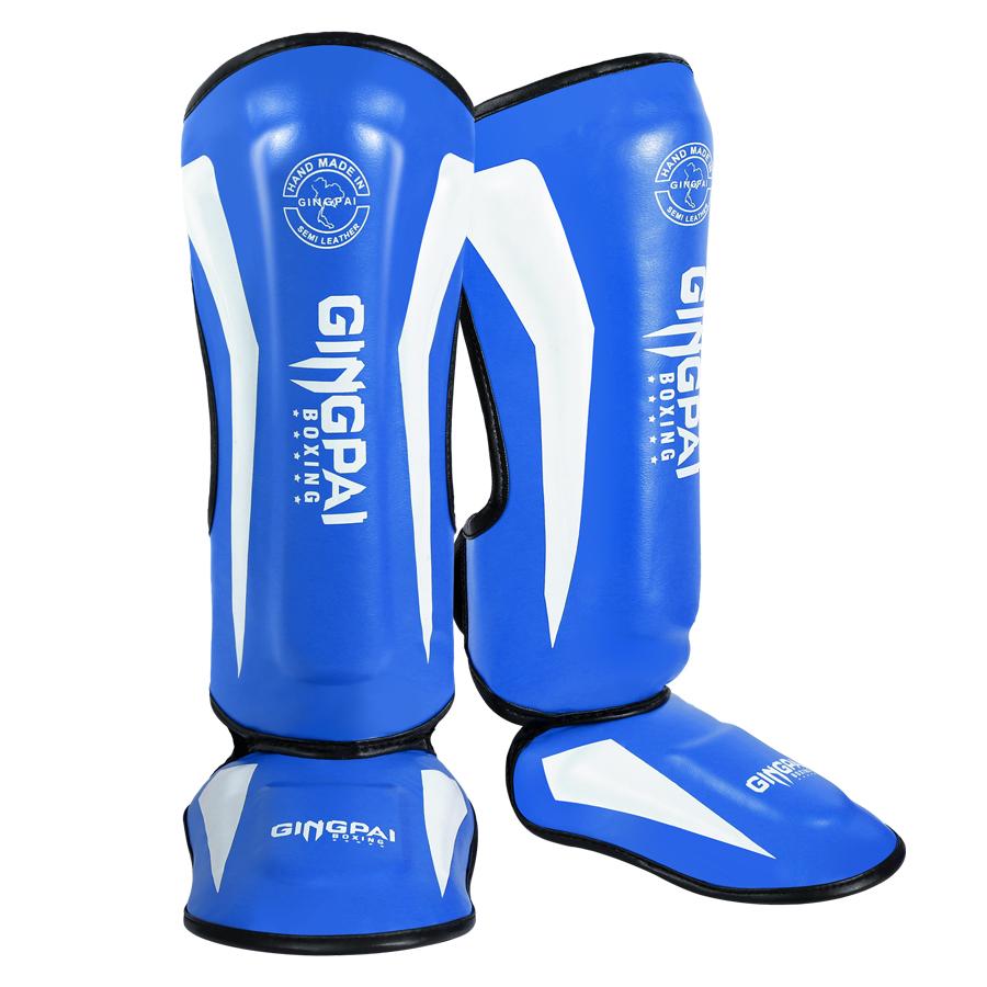Gingpai Dickere Box-Schienbeinschoner Schutz Beinlinge Ausrüstung Kampfsport Muay Thai Beine Taekwondo Füße Knöchelprotektoren L blau