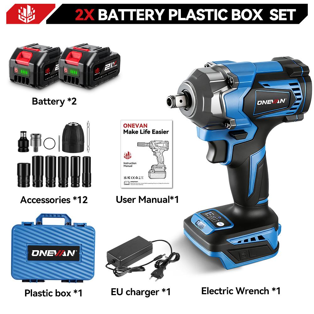 ONEVAN 1200 N.M Bürstenloser elektrischer Schlagschrauber, 3 Funktionen, 1/2 Zoll Akkuschrauber, elektrische Bohrmaschine für Makita 18 V Akku 2 Battery EU Plug B