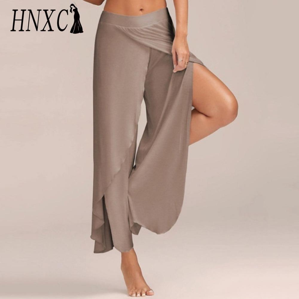 HNXC 10 Farben Damen Palazzo Boho Weitbein Hose Chiffon Rock Schlaghose Yoga Hose Übergröße XXXL khaki