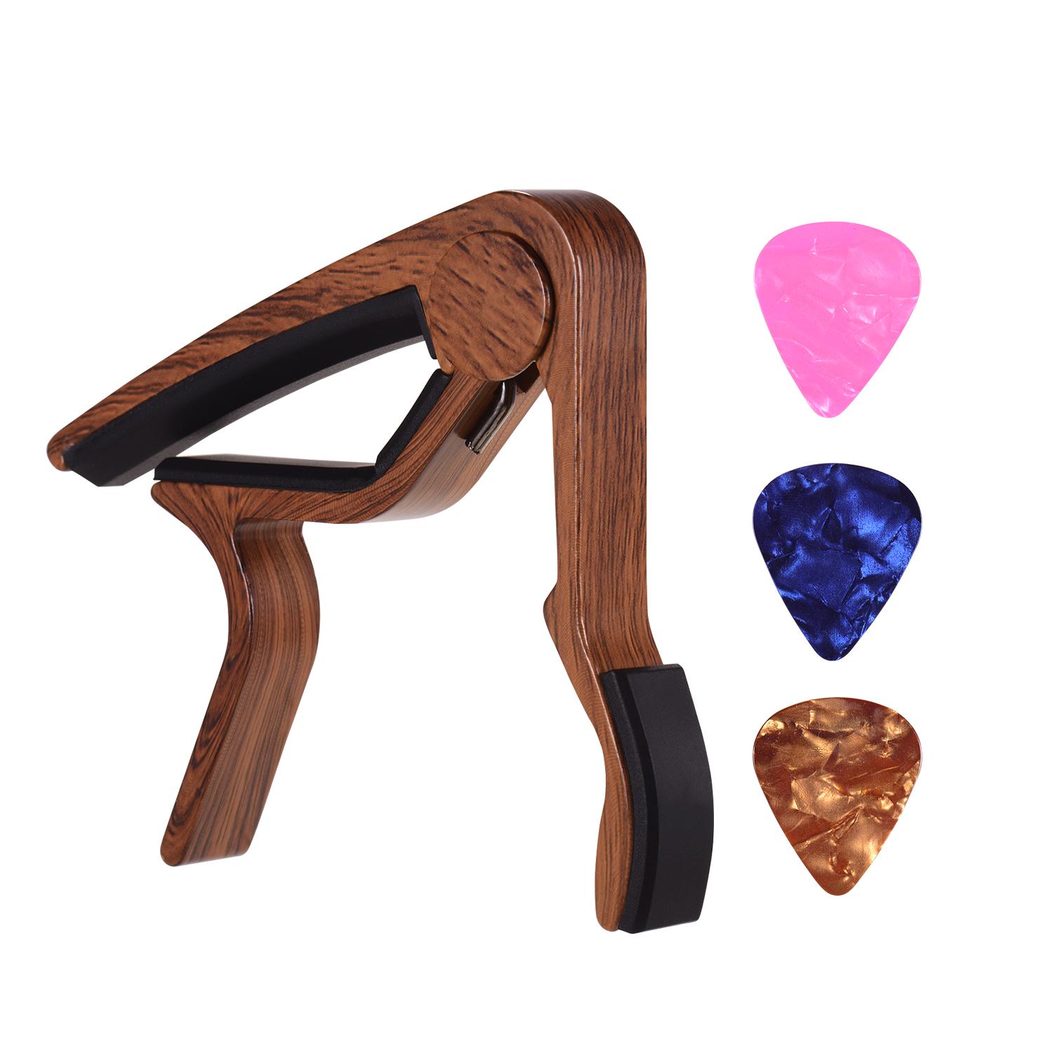 Gitarren-Kapodaster aus Aluminiumlegierung, Holzfarbe, für 6-saitige Folk-Gitarre, E-Gitarre mit 3 Stück zufällig Rosewood