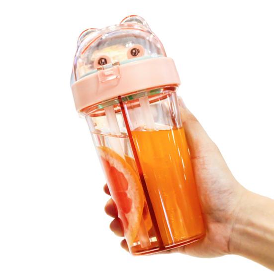 420ML Doppelwandiger Trinkbecher Separater Bechermund Staubdichter Deckel Auslaufsicher Hitzebeständig Doppelte Trinkhalme Trinkflasche Schulzubehör rosa