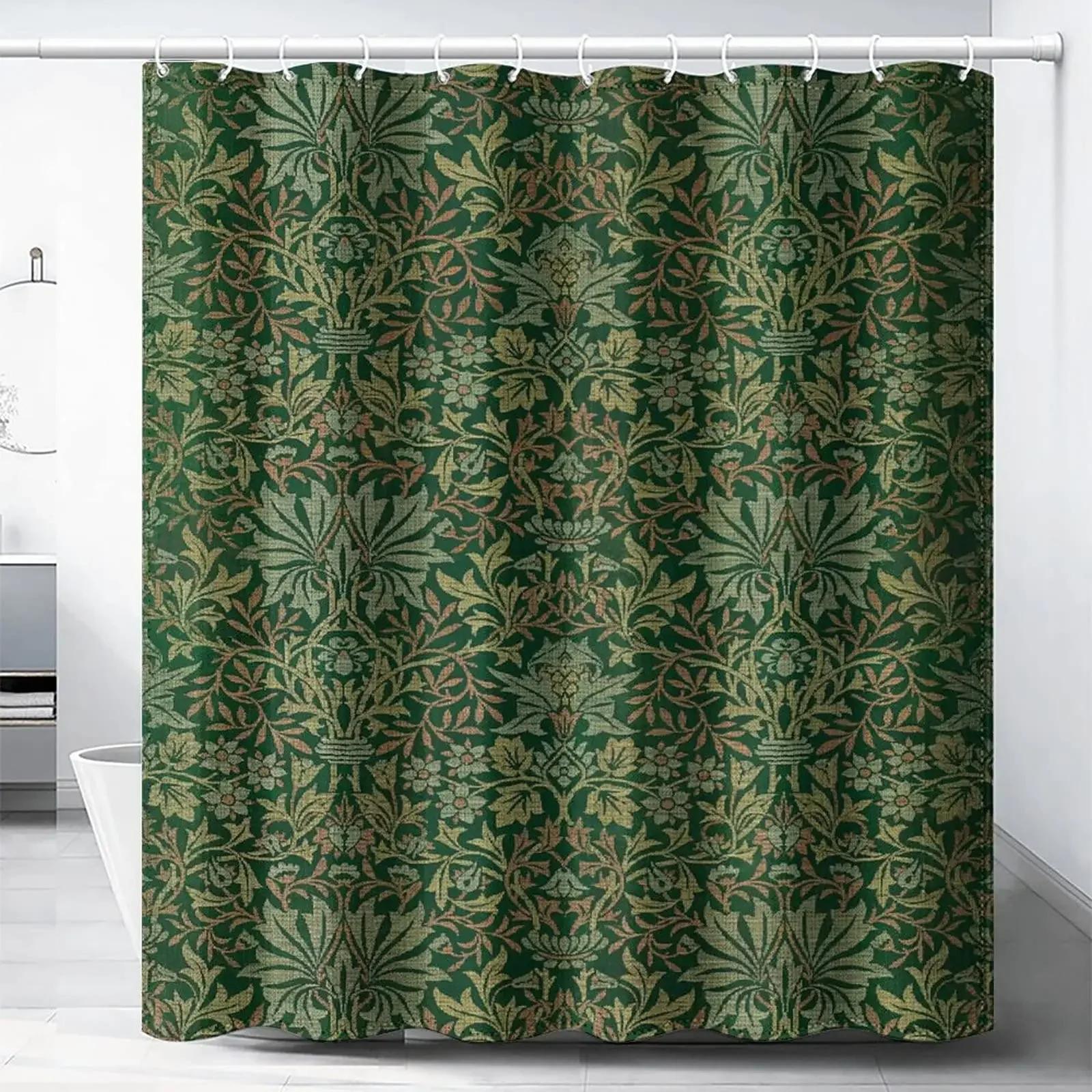 William Morris Duschvorhang, Grünes Duschvorhang-Set für Badezimmer, Schwerer Stoff, Dekorativer Badevorhang, Waschbarer Vorhang W220xH180cm