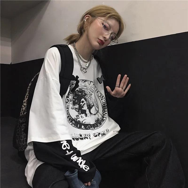 Gothic Goth Style T-Shirt Mall Goth Tops Punk Langarm Übergroßes T-Shirt Japanische Streetwear Mode Koreanischer Stil L
