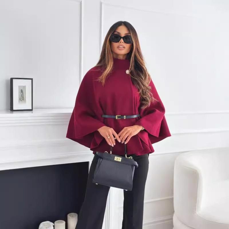 IHUASU Wintermode Einfarbig Taillengürtel Wollumhang Mantel für Damen Jacken & Mäntel S bordeaux