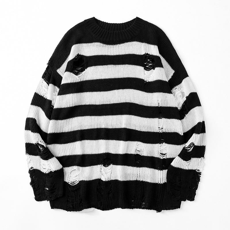 Schwarz Streifen Pullover Zerstört Zerrissene Pullover Männer Pullover Loch Stricken Pullover Männer Übergroßen Sweatshirt Harajuku Langarm Tops L weiß