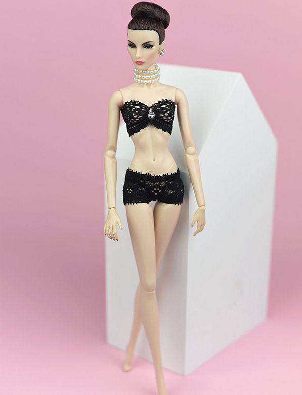 Spitzenunterwäsche-BH und Slips für Barbie-Puppenkleidung 1/6 Knickers für Blythe 1/6 BJD-Puppen Top und Unterhose für Barbie-Puppenhaus grau
