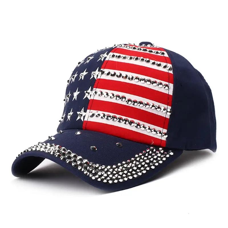 Amerikanische Flagge Baseballkappe Glitzer Nieten Flagge Denim Hip Hop Hut Outdoor Casual Stil Mann Unisex Hut für Frauen Mädchen Adjustable