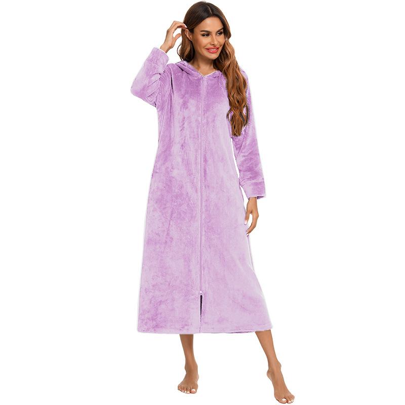 Damen-Bademantel aus Plüsch-Fleece mit Reißverschluss und Kapuze, warmer langer Bademantel, Morgenmantel, gemütlicher Winter-Reißverschluss, Liege-Nachtwäsche, Hausmantel, Loungewear-Nachthemd XL violett