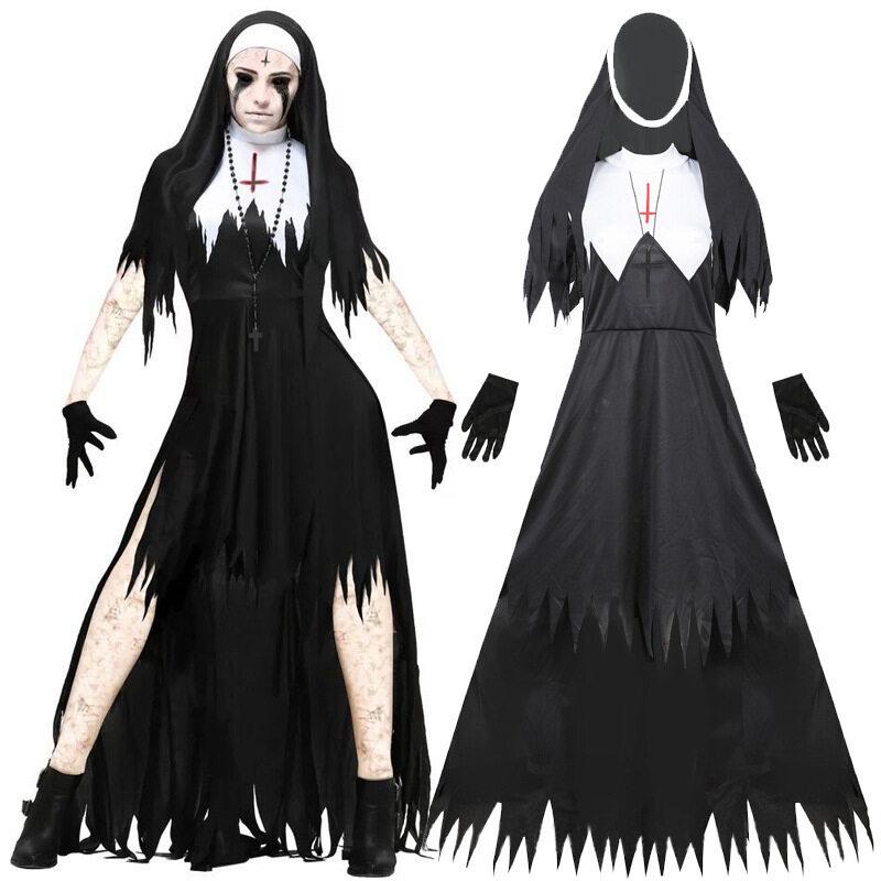 Das Horror Scary Nonne Kostüm für Frauen Schwarzes Vampirkleid Sets Erwachsene Valak Cosplay Uniform Anzüge Halloween Party Teufel Outfit xl black