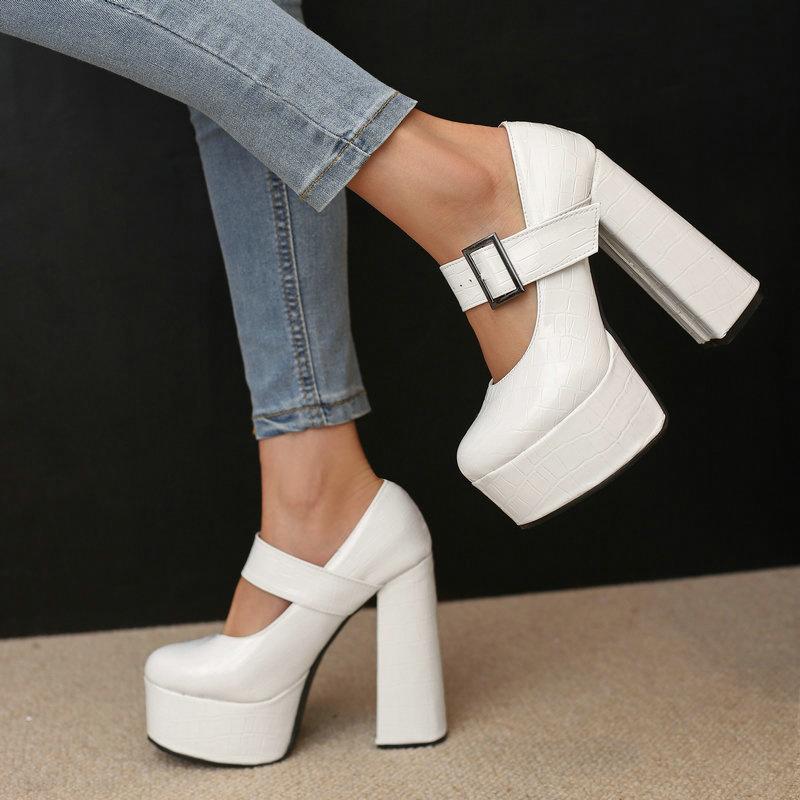 Frauen Mary Jane High Heels Schuhe Plattform Chunky Heels Damen Pumps Party 42 weiß